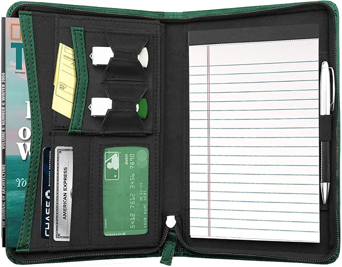 Junior Padfolio/Resume Portfolio Binder with Refillable Lined Notepad, A5 Padfolio Folder, Business Portfolio, Multi-Function Case, A5 Writing Pad Included, Dark Green