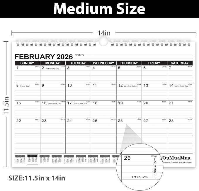 OuMuaMua Wall Calendar 2026, 3-Pack Calendar Wall 2026-2027, Jan. 2026 to Jun. 2027, 14" X 11.5" 18-Month Paper Hanging Planner Wall with Thick PaperRuled Blocks for Office Home Planning & Organizing