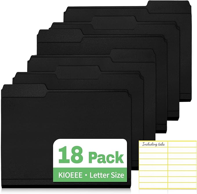 Black File Folders, 6-Pack, 1/3 Tab Filing Folders for 8.5x11 Letter Size Documents, Great for Organizing and Easy File Storage (18 Pack)