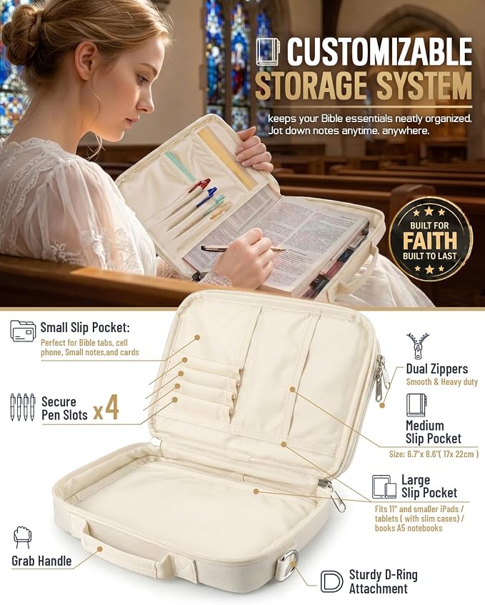 RXW Large Bible Cover Bag for Men Women, Tactical Bible Carrying Case Fully Padded of Double Layer Design, Utility Church Bag Organizer with Shoulder Strap for Tablet Art EDC, Christian Gifts for Mom