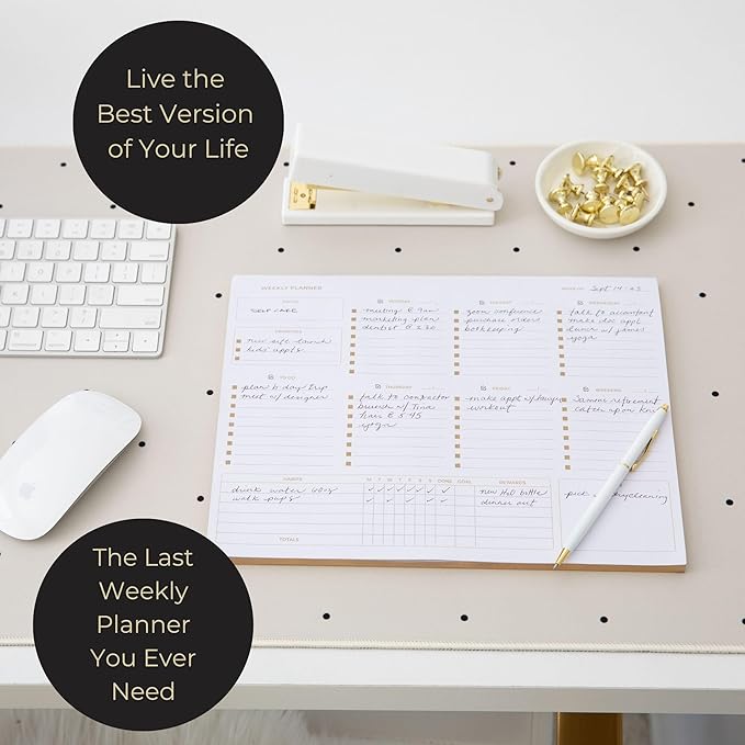BLU MONACO | Undated Weekly Planner Notepad | Gold Edge Desk Pad 8.5 x 11 with Tear Off Sheets | Weekly Planner with To Do List for Work Desk Organization
