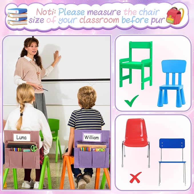 gisgfim 12 Pcs Small Chair Pockets for Classroom 13 x 14 Inch Bag with Name Tag Multi Pockets Chairsback Pouch Organizer for Student Kindergarten Elementary Daycare (Pastel Pink)