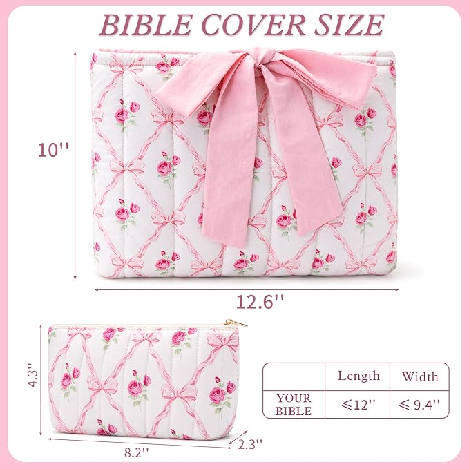 XKDOUS Quilted Cotton Bible Case for Girls and Women, Machine Washable Bible Book Cover with Large Capacity Pen Bag, Soft Cute Bible Carrying Bag with Bow Fits Most Standard Bibles, Sweet Rose