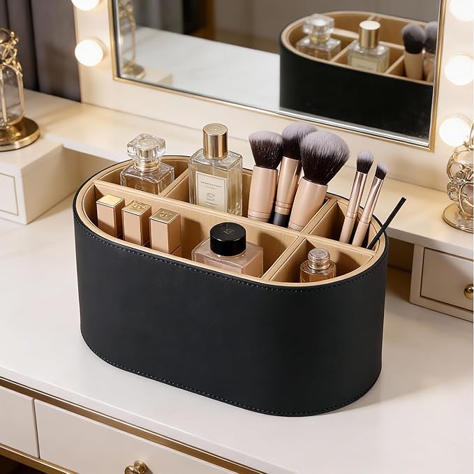 KINGFOM PU Leather Desk Organizer with Multi Compartments, Desktop Caddy Holder for Remote Controls, Pens, Makeup Brushes, Office Accessories (Black)
