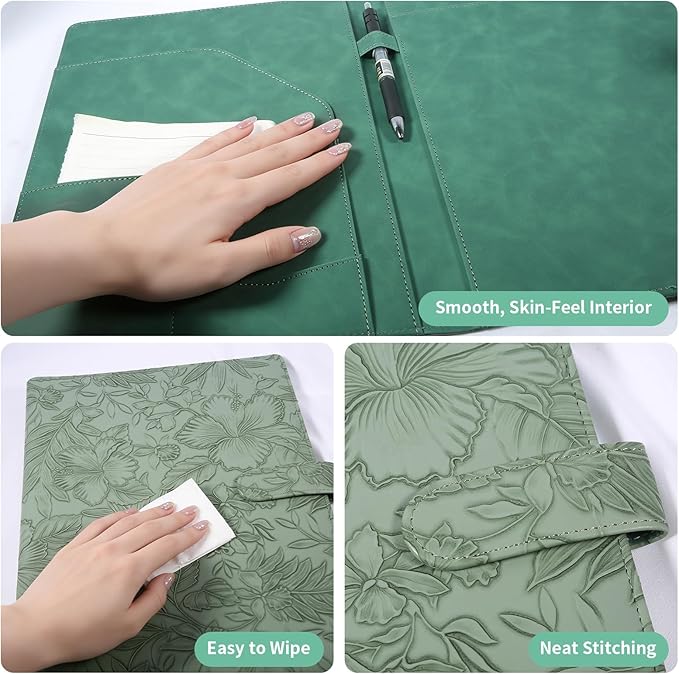 Professional Padfolio Portfolio Binder, Textured Embossing Faux Leather Folder Organizer for Letter Size Legal Pad Notepad Resume, Card Holder for Women Men Business Office Conference (Green)。