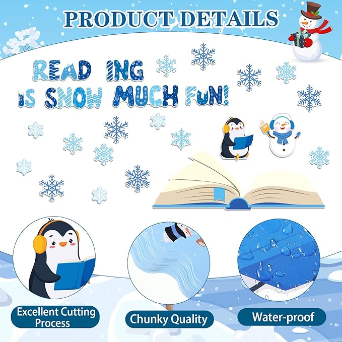 TaoBary 73 Pcs Winter Snowflake Bulletin Board Set Snowflake Penguin Snowman Umbrella Cutouts Learning is Snow Much Fun Bulletin Board Decorations for School Home Chalkboard Wall Decor (Cute)