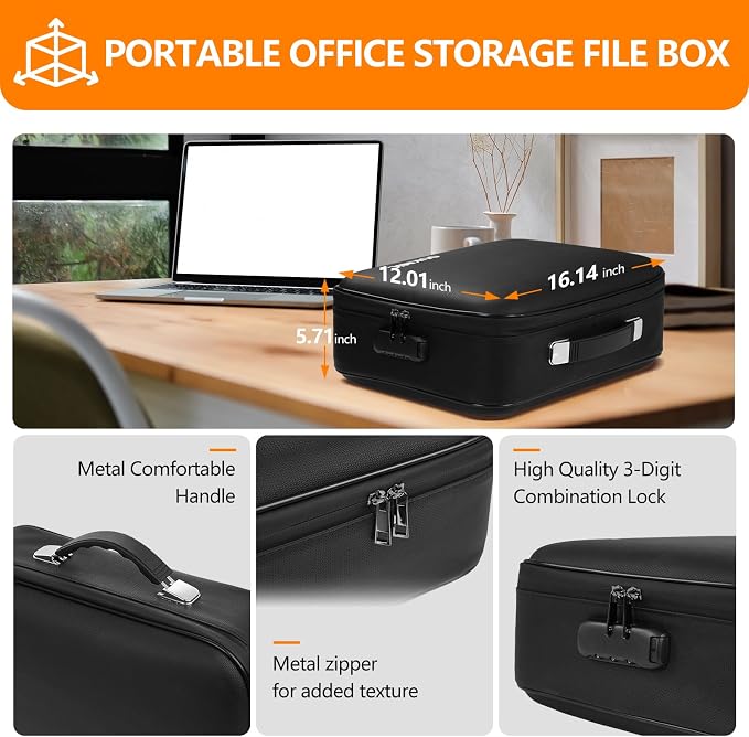 Fireproof Document Box with Lock, Hard Case Portable Water Resistant File Organizer, 16" x 12"x 6" Home Travel Office Safe Storage for Important Documents, Passports, Laptop, Black