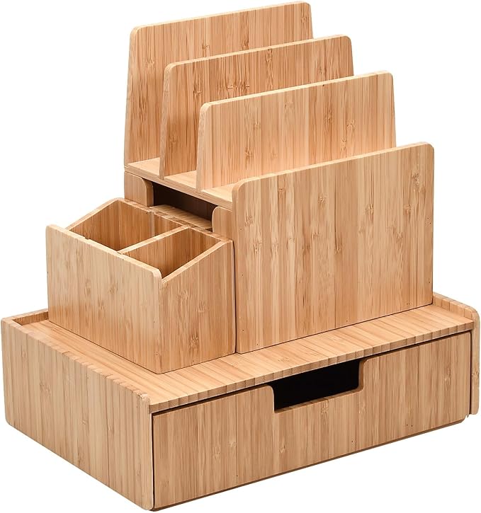 MobileVision Bamboo Office Organizer Complete Set INCLUDES: Charging Station, Pencil & Pen Holder w/Tray for Notepads, Drawer for Office Supplies & Stationary