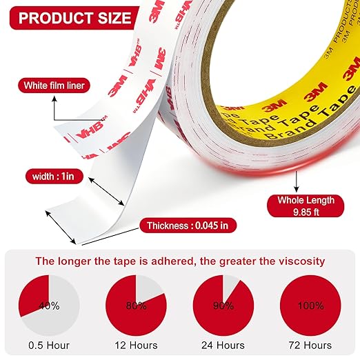 3M Double Sided Tape Heavy Duty 1in X 9.85ft, Heavy Duty Removable Mounting Tape for Wall, White Sticky Foam Tape, Picture Hanging Strips & Poster Hanger, Waterproof Adhesive Strips, Carpet Tape
