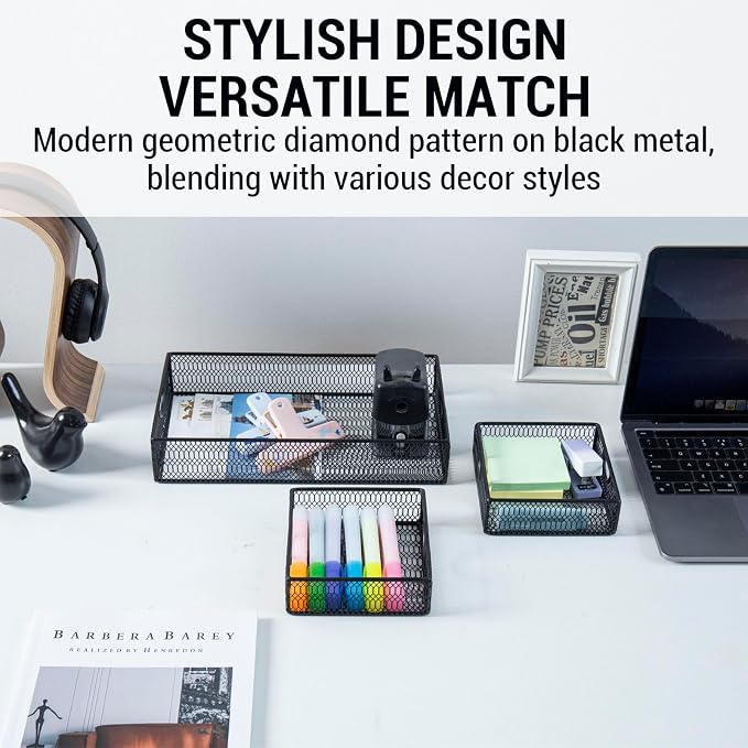 MyGift Modern Geometric Diamond Pattern Black Metal Wire Tabletop Organizer Trays, Office Desk Supplies Nesting Bins, Makeup Accessories Drawer Storage, 3 Piece Set