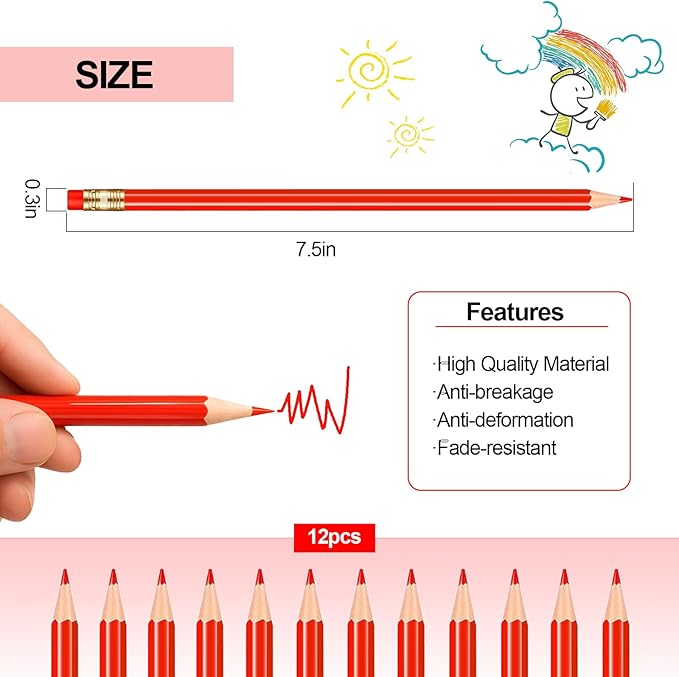 12 Pcs Checking Pencils Erasable Colored Pencils Pre-Sharpened 2 HB with Erasable Tops for Checking(Red)