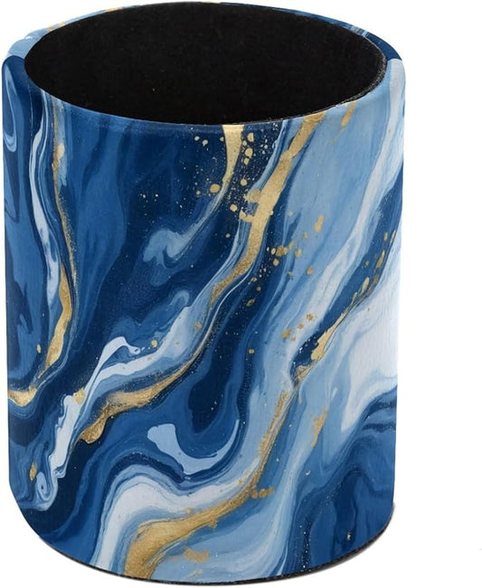 Blue Abstract Fluid Marble Leather Pen Holder for Desk, Multifunctional Desktop Organizer Pencil Cup, Desktop Caddy Stationery Organizer for School Home Office Desk Accessories