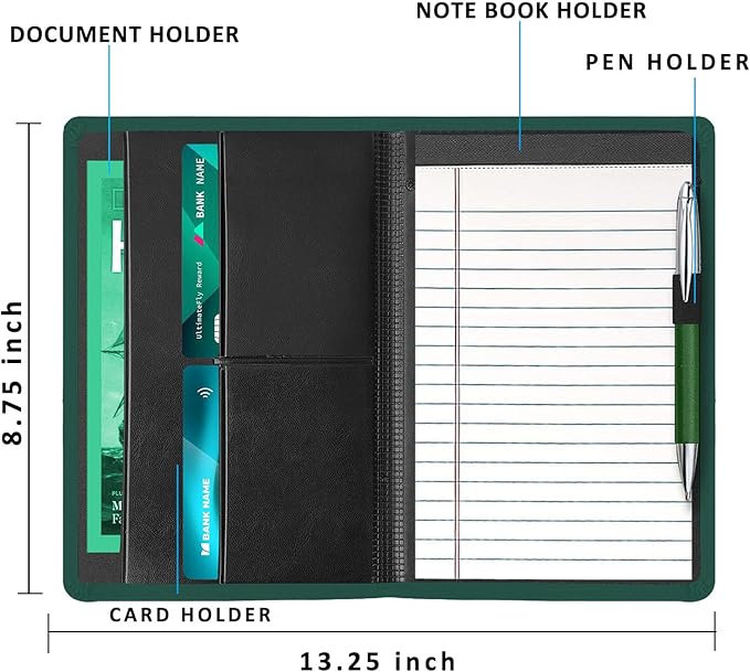 Padfolio/Portfolio Binder, Mini Padfolio Portfolio Binder 5 x 8 Legal Writing Pad, A5 Document Organizer Folder for Men Women,Dark Green.