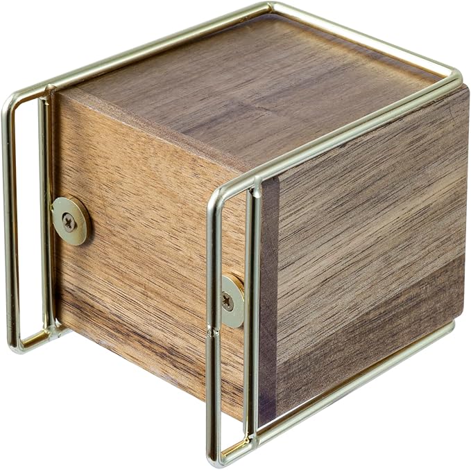 MyGift 3 Inch Modern Premium Solid Acacia Wood and Brass Tone Metal Wire Desktop Pencil Cup, Wooden Tabletop Pen Holder, Office Desk Stationery