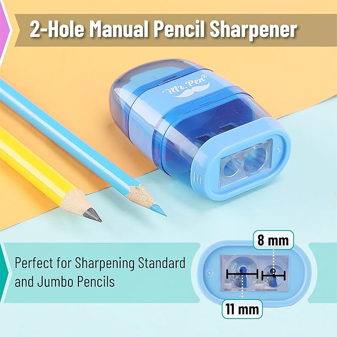 Mr. Pen- Pencil Sharpener & Eraser, 4 Pack, 2-in-1 Manual Sharpeners with Canister, 2 Sharpening Holes for Standard & Jumbo Pencils, Colorful Dual Hole Design for School, Office, Home, Kids