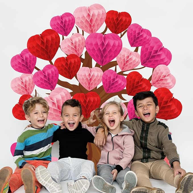 JarThenaAMCS 50Pcs Valentine's Day Bulletin Board Set Classroom Decoration 3 Colors Heart Honeycomb Tree Love Gnome Paper Cutouts with Glue Points for School Wall Door Wedding Anniversary Supplies