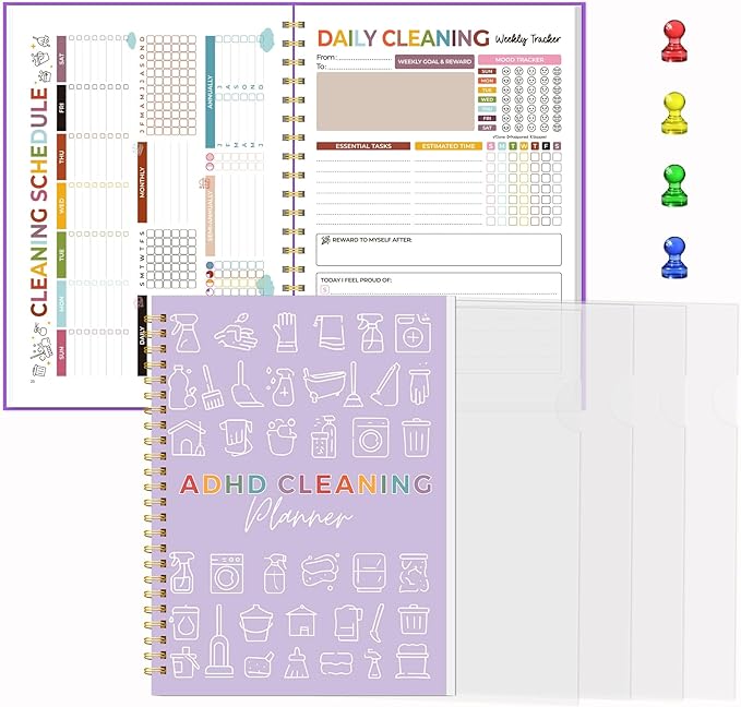 ADHD Cleaning Planner for Adults Women – Reusable Laminated Deep Clean Checklists, Gentle Daily & Weekly Cleaning System, 100 GSM No-Bleed Paper, Waterproof PVC Cover, Spiral Bound Calendar Planner for Overwhelmed Homes