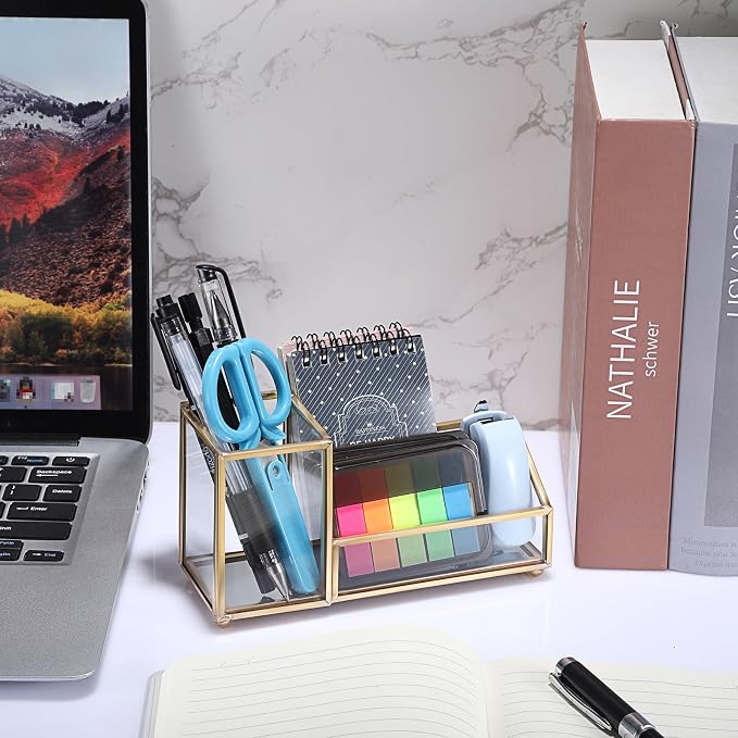 Hipiwe Glass Business Card Holder with Pen Pencil Holder Cup Gold Metal Name Card Display Organizer Desktop Business Card Storage Case for Office Desk, 2 Slots