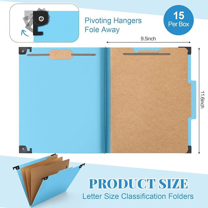 Henoyso 15 Pcs Hanging Classification File Folders, Letter Size Light Blue Folders with 3 Pressboard Dividers, 8 Fasteners, 4 Inch Expansion, 1/3-cut Top Tab for Medical Records and File Cabinet