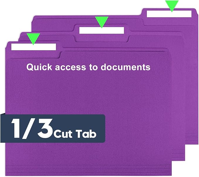File Folders,Colored File Folders Letter Size 8.5" x 11",150 Pack 1/3 Cut Tab Bulk Folders,Durable Paper Folders with Blank Labels for Office Business School Home Use,Vivid Purple