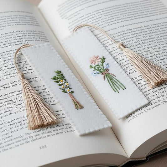 Gersoniel 2 Pack Embroidery Felt Bookmarks Floral Patterns Bookmark with Tassels Handmade Flower Bookmark Cute Book Markers for Reading Adults School Office Book Lovers Gifts (Plant)