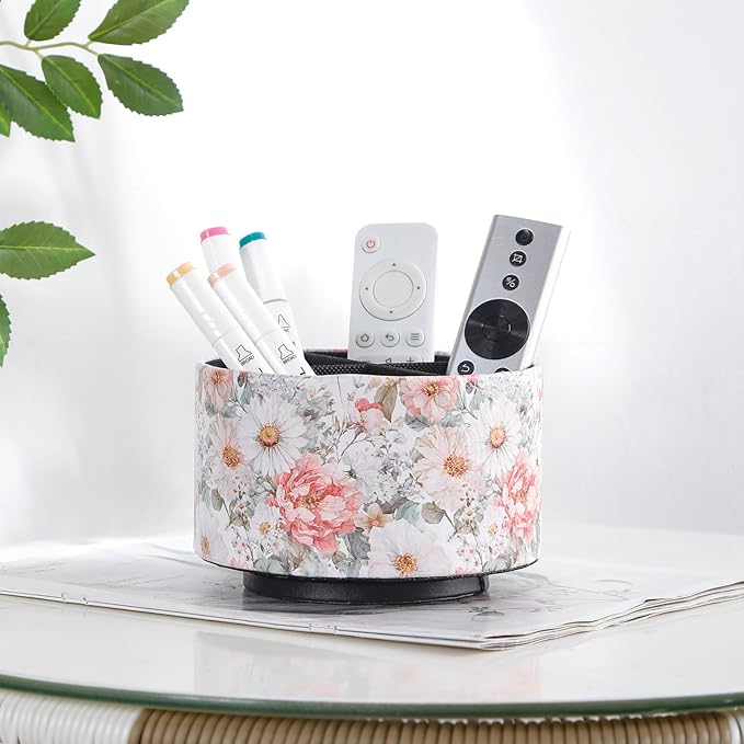 Spinning Remote Caddy for Table, 360 Degree Rotating Desk Organizer and TV Remote Holder, Decorative PU Leather Storage Basket for Bedside, Coffee Table, and Office Stationery, Peony PH128