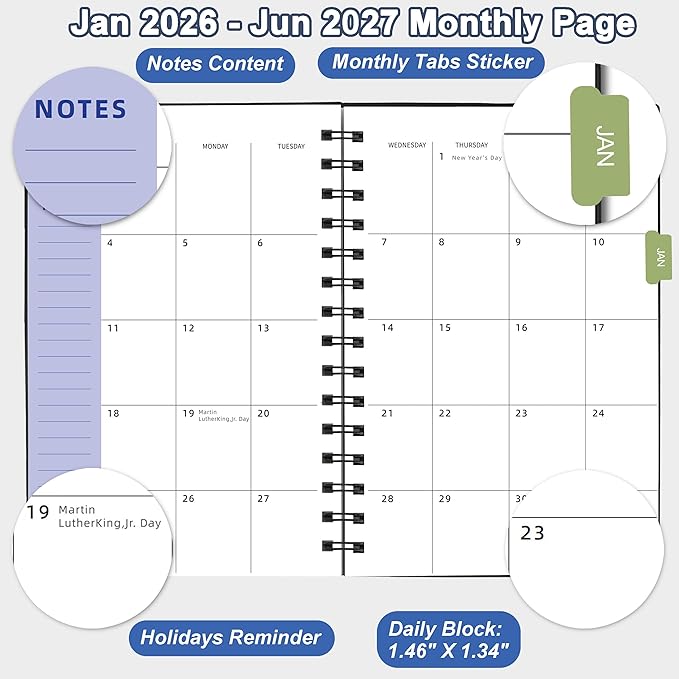 2026-2027 Daily Planner, Weekly & Monthly Planner from Jan 2026-Jun 2027, 18 Month Academic Calendar with Tabs Stickers, A5 Size, Black