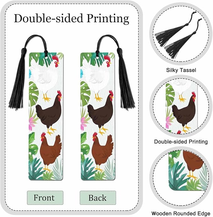 Cute Chickens Bookmarks 5 Pcs Floral Palm Leaves Cartoon Hen Wooden Bookmark with Tassels for Reading Book Lovers Gift Office School Readers Teacher