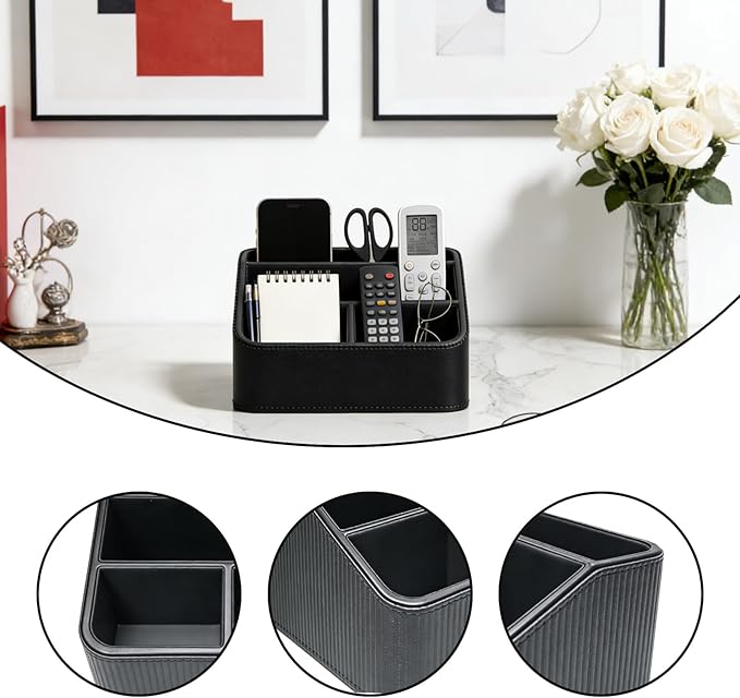 4-Compartment Remote Control Holder, PU Leather Remote Control Caddy & Small Desk Organizer, Stylish Multifunctional Desktop Organizer for Home Nightstand Office Supplies (Black)