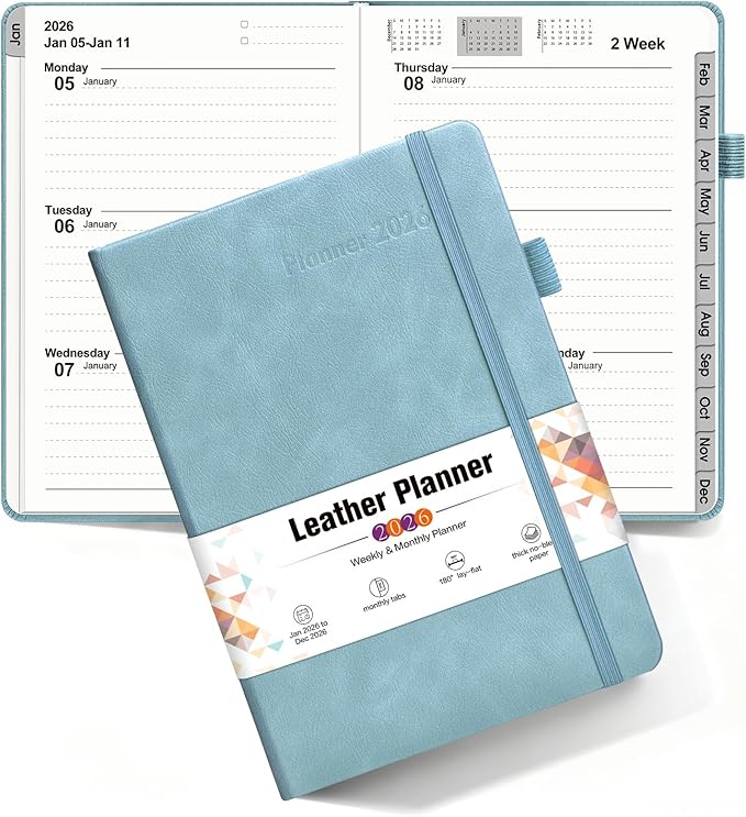 2026 Weekly & Monthly Planner, 12 Months Hardcover Planner from January 2026 - December 2026, Leather Agenda Organizer Book 2026 with Tabs, Daily Calendar Planners for Work School Home, A5 (5.75" x 8.38"), Blue