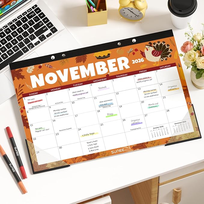 SUNEE Desk Calendar 2026-2027, 17" x 12", 18-Month Monthly Desk Calendar from Jul. 2026 - Dec. 2027, Academic Desk Calendar for Teacher, School, Seasons Color