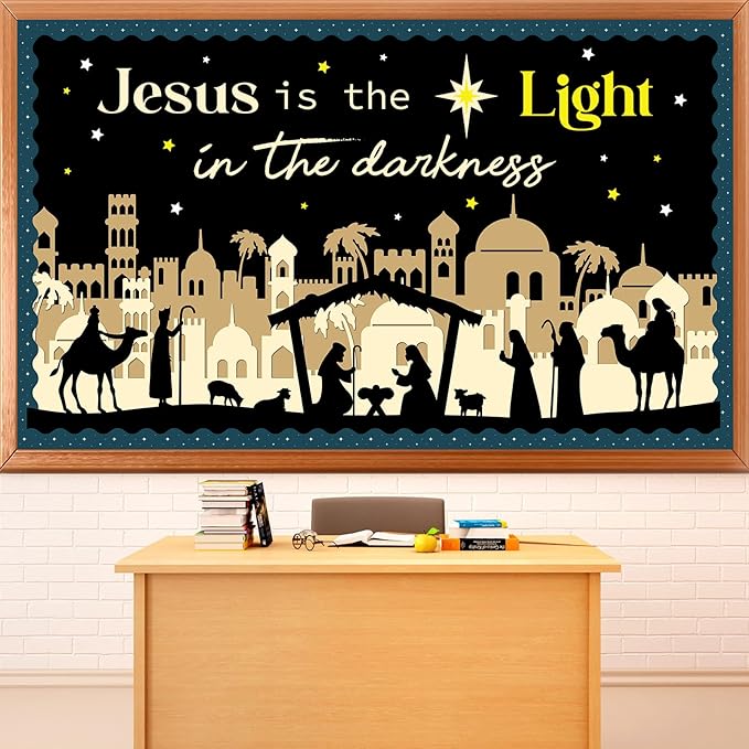 Christmas Religious Bulletin Board Jesus Lights Cutout Nativity Classroom Decoration Christian Bulletin Board for School Classroom Home Chalkboard Wall Door Décor Christmas Holiday Party Supplies
