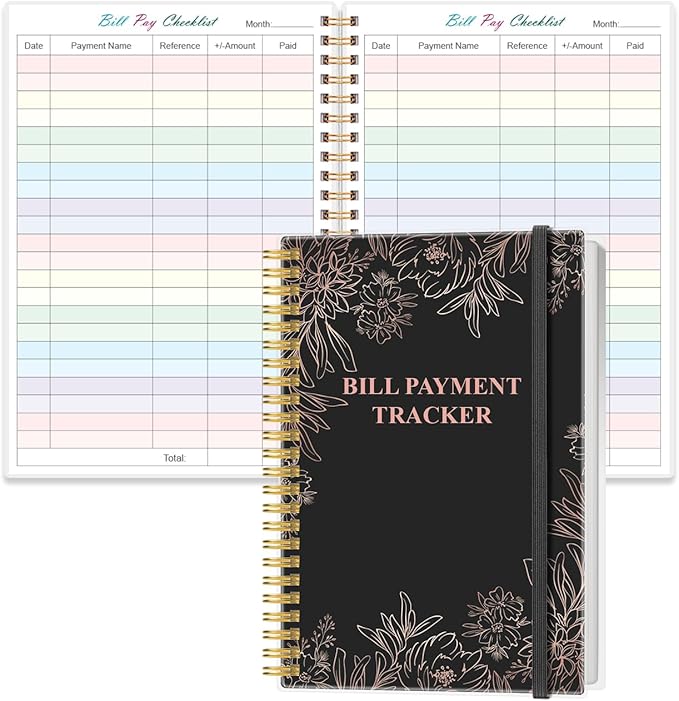 Bill Payment Checklist - Monthly Bill Organizer & Planner for Personal Budgeting Financial, Bill Payment Tracker Notebook, 5.8" x 8.5", Black Flowers