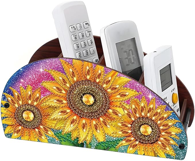 Remote Control Holder with 4 Compartments, DIY Diamond Art Painting Wooden Half Moon TV Control Holder for Remote Controllers, Office Supplies, Makeup Brush, Media Accessories-Sunflowers