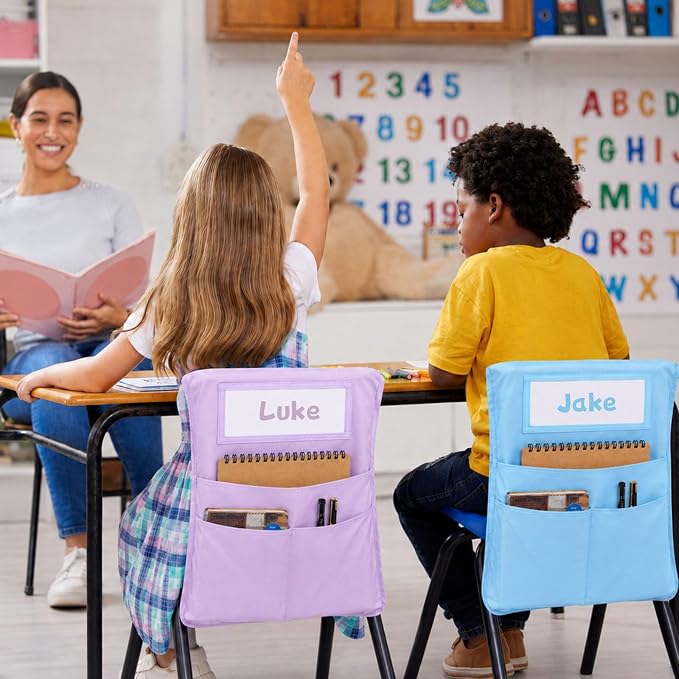 12pcs for Classroom 16.3x19.7inch Classroom Chair Pockets with Name Tag 3 Pockets Chair Organizer for Teacher Student School Office(Pink Purple)
