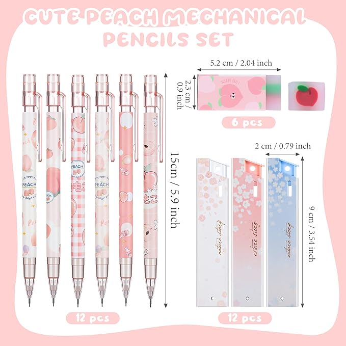 Breling 30 Pcs Kawaii Peach Mechanical Pencil Gift Set 12 Mechanical Japanese Pencils 6 Cute Peach Eraser 12 Tube HB Refill Graduation First Day of School Office Gift(0.5mm)