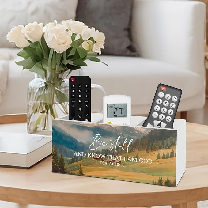 Christian Pen Pencil Holder Organizer for Desk Accessories, Be Still Psalm 46:10 Bible Verse Scripture Wooden Box Sign Desk Decor for Home Bedroom Office Decoration, Christian Gifts for Women