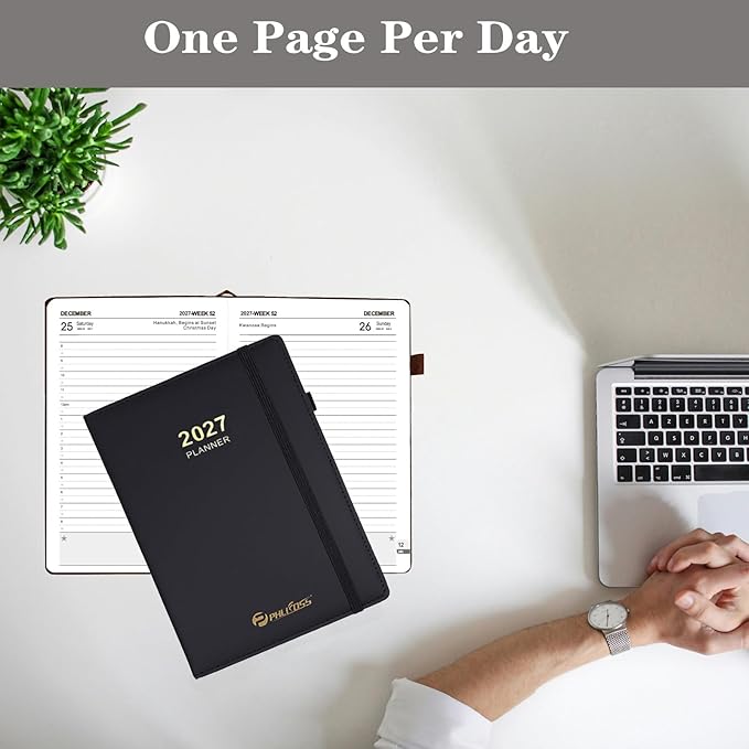 Daily Planner 2027 / Appointment Book, One Page Per Day, Jan - Dec 2027, Annual Daily Monthly Calendar Planner with Hourly Schedule and Monthly Tabs, 5.7" x 8.3" Agenda (Black)
