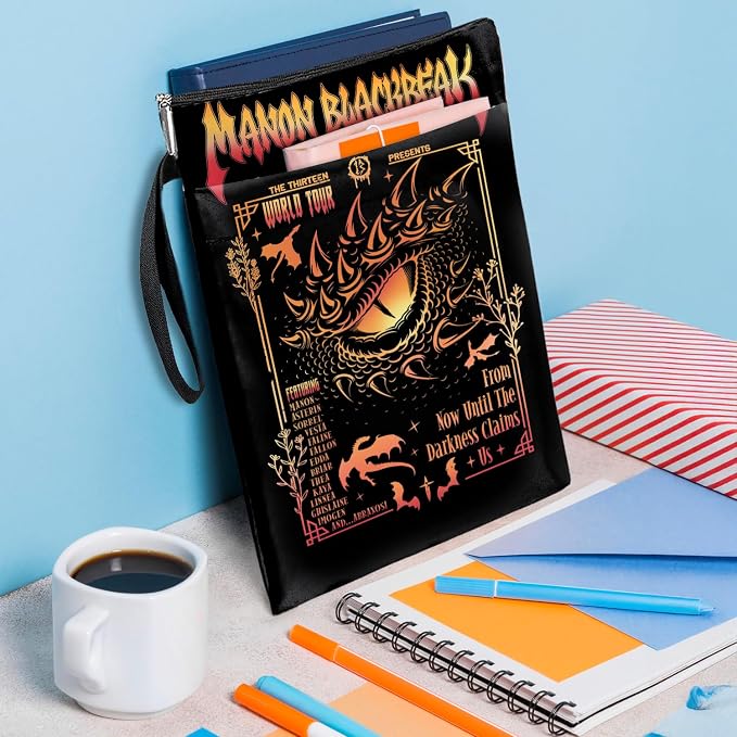Book Cover Dragon Ridder Inspired Gift, Dragon Merch Pattern Reusable Book Pouch, BASGIATH WAR COLLEGA Book Sleeve for Book Lovers (Black-Dragon, Large)