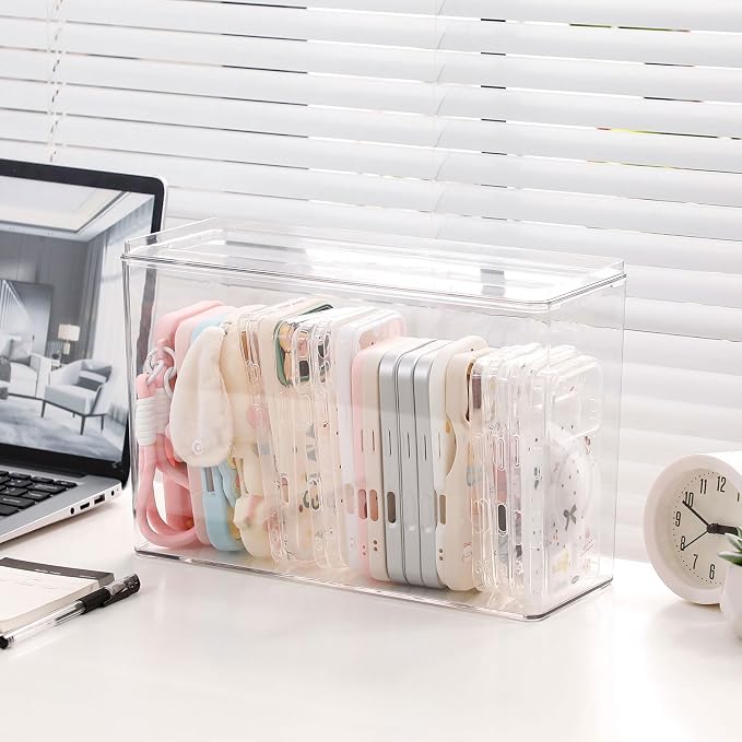 FABROK Large Cell Phone Case Organizer, Clear Storage Bin with Lid for Phone Basic Cases and Electronics Accessories, Plastic Basket Container for Home Office Desk, Kitchen Cabinet and Pantry