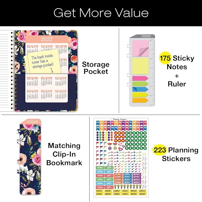 HARDCOVER Academic Year 2026-2027 Planner: 14 Months (May 2026 Through June 2027) 8.5"x 11" Daily Weekly Monthly Planner Yearly Agenda. Bookmark, Pocket Folder and Sticky Note Set (Small Navy Floral)