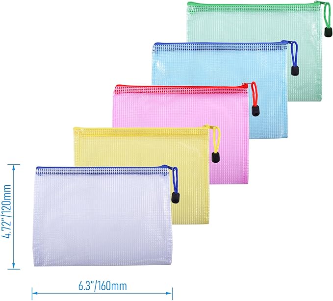 6 Pcs 4.72" x 6.3" A6 Sizes Mesh Zipper Pouch Bags, Mesh Bags with Zipper，Waterproof Clear Document Pouch for Organization Puzzles Travel, Office, Classroom Organization, A6 Multicolored