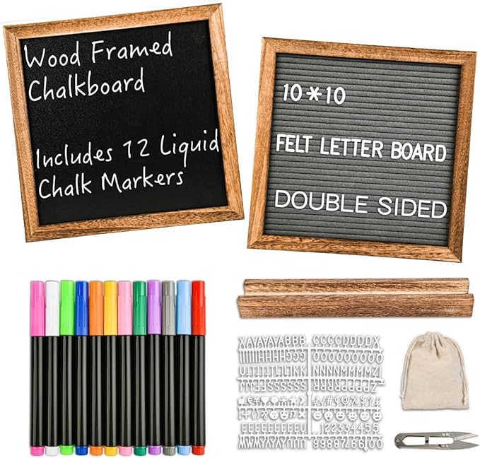 10" x 10" Double Sided Chalkboard Sign with Stand, Small Chalk Board Blackboard Wood Frame Felt Letter Board with 12 Chalk Markers and 340 Letters (Brown)