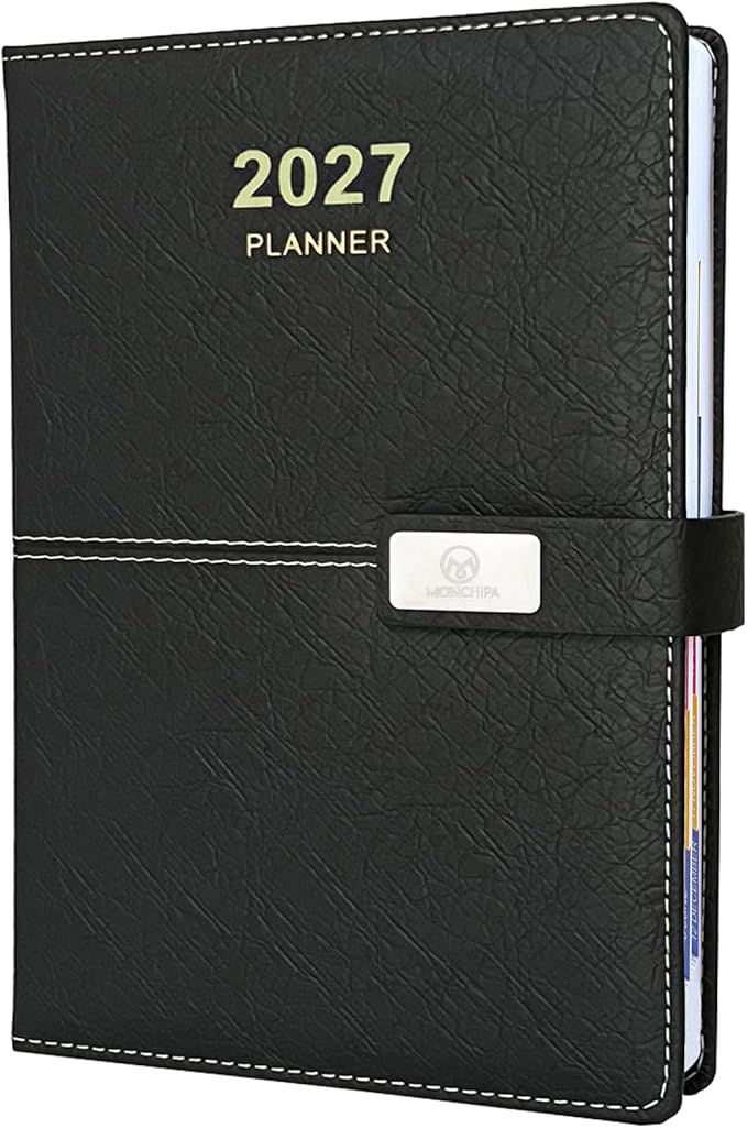 2027 Daily Planner - One Page per Day, 2027 Hourly Daily Calendar(Jan-Dec 2027), 5.7" x 8.26" Appointment Book, Leather Cover + Thick Paper (Black)