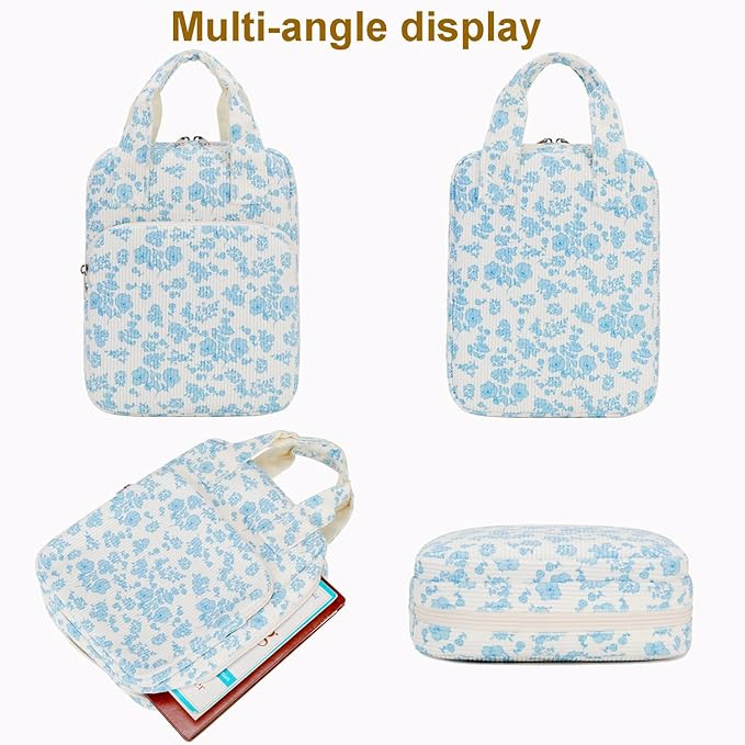 DSIUE Bible Cover Case for Women Gilrs Corduroy Bible Carrying Case Book Holder/Carrier/Bag with Handle and Pockets, Blue Floral