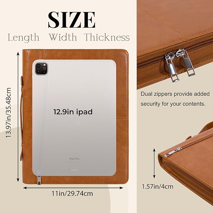 Calfinder Leather Padfolio Portfolio Binder, Zippered Padfolio with Handle for Men Women, A4 Letter Size Business Binder, Padfolio Folder Organizer for Interview Notebook Tablet