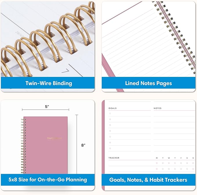 Blue Sky Undated Planner Calendar, 5” x 8” Weekly View Organizer, Twin-Wire Binding, Flexible Cover, Blank Notes Pages for Goal-Setting and Productivity (Imperial Rose, 5" x 8")