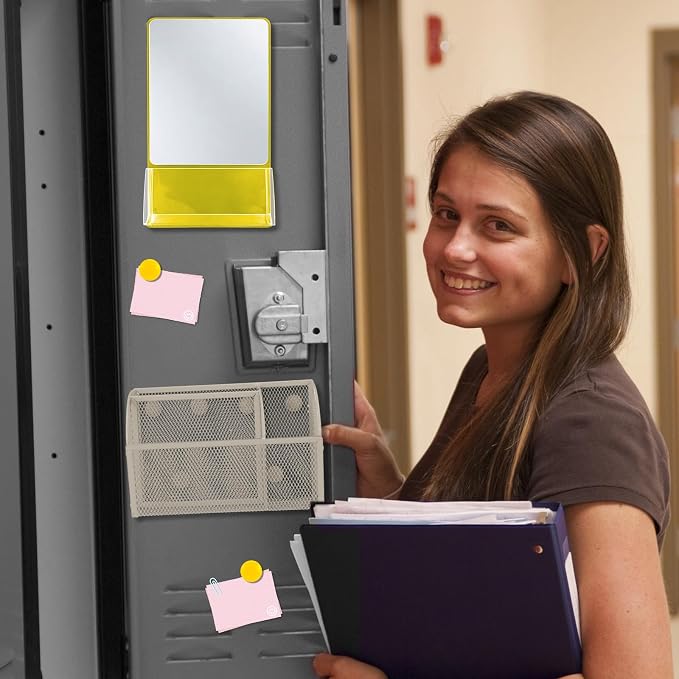Fuyoooo Magnetic Locker Accessories Back to School Essentials Include Magnetic Mirror with Holder Magnet Mesh Pen Holder Small Whiteboard and Magnet for Office School Locker Organizer(Classic,Yellow)