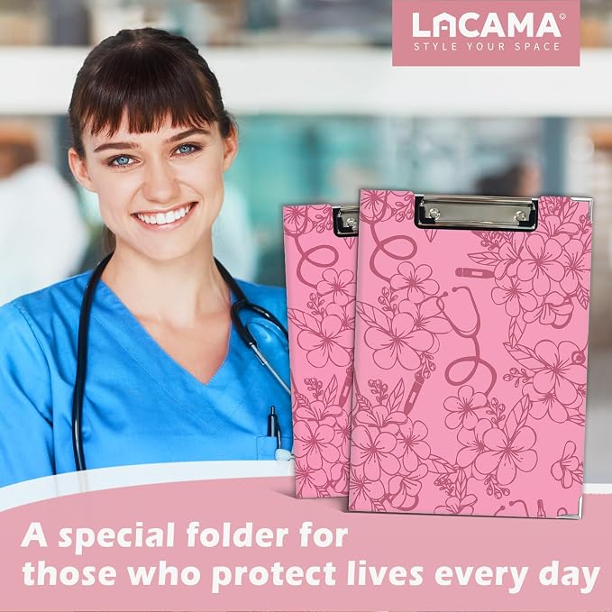 Lacama Nurse Clipboard with Storage for Office Classroom Desk, Pink Nurse Gift, Nursing School Office Supplies, Flower Stethoscope Project Folders with Metal Clip for Nurses Women, 12.4x9.25