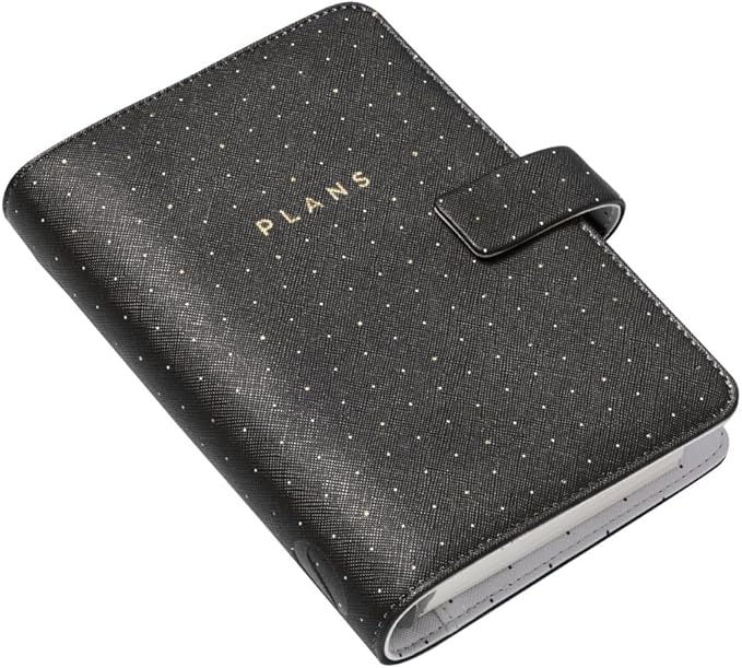 Filofax Moonlight Organizer, Personal Size, Black - Leather-Look, Gold Accents, Six Rings, Week-to-View Calendar Diary, Multilingual, 2025 (C022654-25)